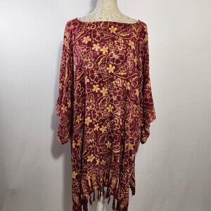 Tropicalsale Women's Size 3XL Maroon Floral Print 3/4 Sleeve Fringe Hem Tunic